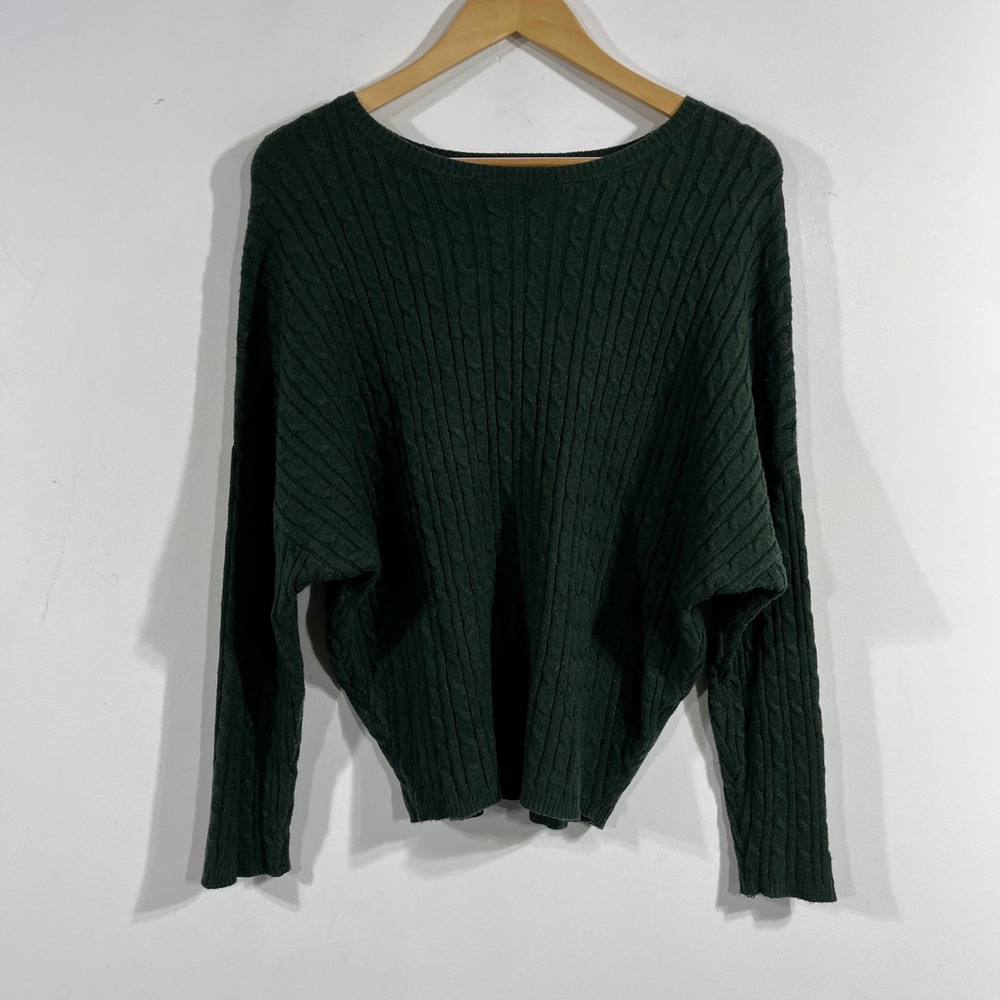 Francesca's Fisherman Parisian Green Cable Knit Batwing Sweater Small Boat Neck